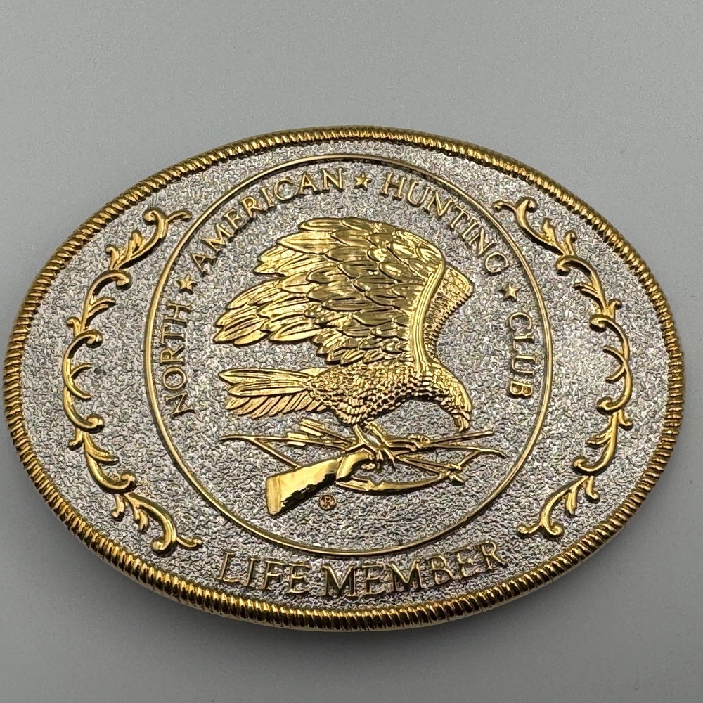 North American Hunting Club Life Member Belt Buckle Eagle Rifle Gold Silver Tone